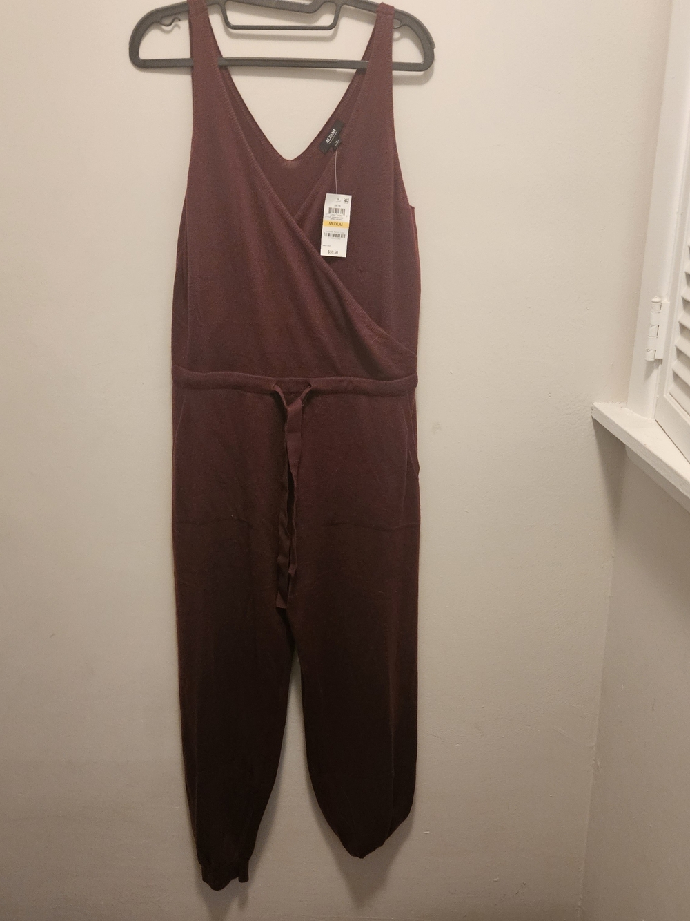 Alfani Wine Sleeveless V-Neck Jumpsuit with Drawstring Waist